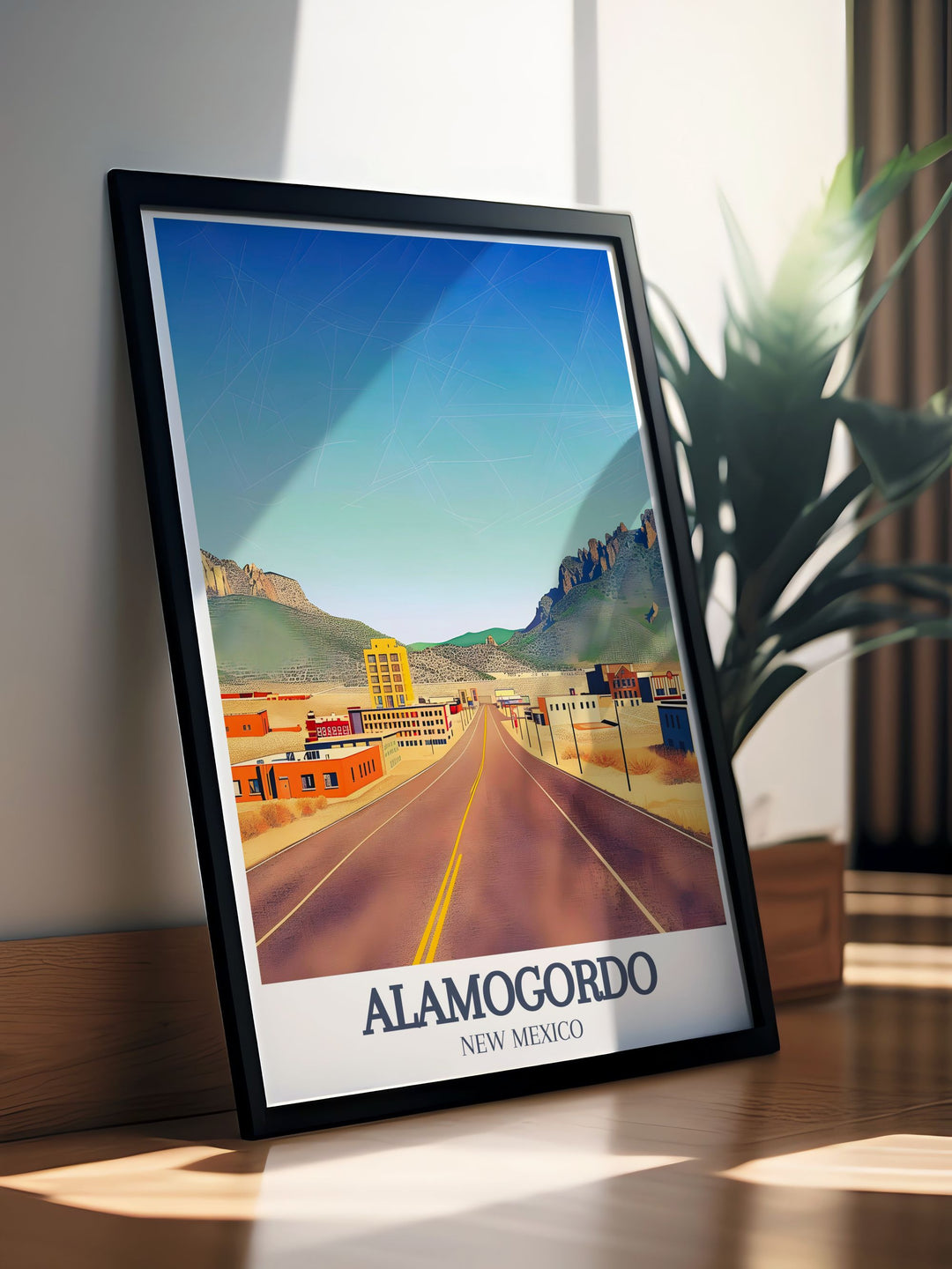 Alamogordo poster with Sacramento Mountains and US 82 road ideal for New Mexico decor enthusiasts looking to add a touch of southwestern charm to their home or office this travel print makes a great gift or a centerpiece for any living room space.