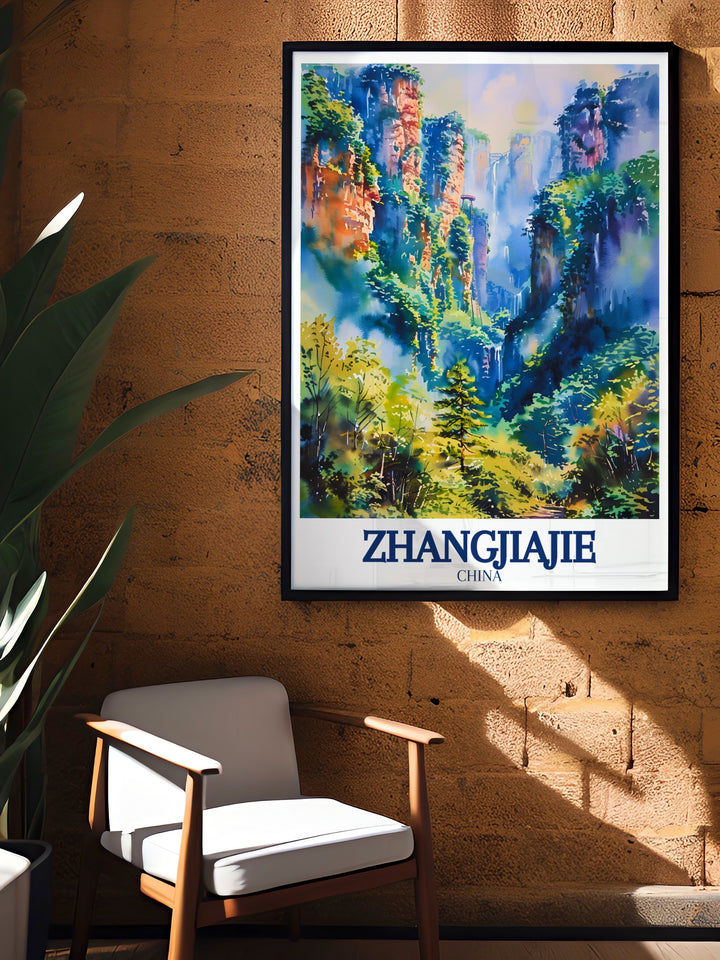 This wall poster features the breathtaking views of Zhangjiajie National Forest Park, where lush greenery meets towering cliffs. The detailed artwork evokes a sense of adventure, making it a great addition to any room for those who love nature and travel.