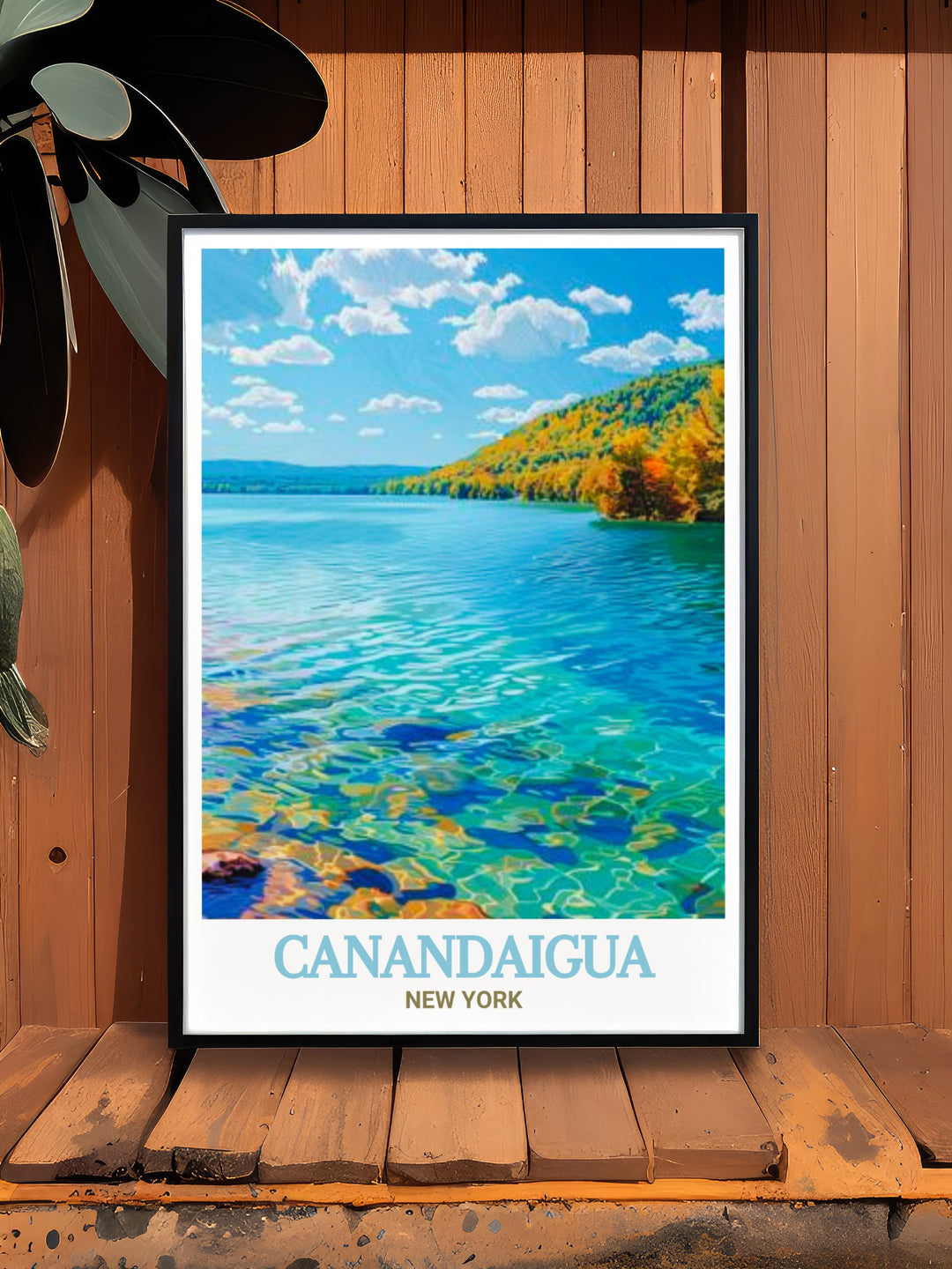 Travel poster showcasing Canandaigua Lake with its calm waters and picturesque scenery. Perfect for adding a touch of tranquility to your home decor.