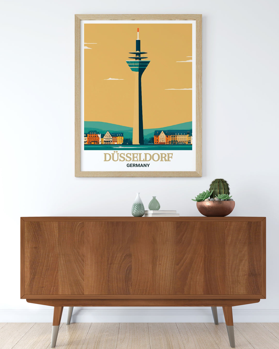 This Düsseldorf poster captures the iconic Rheinturm, a symbol of the citys contemporary design. Its vibrant colors and artistic detail make it a perfect travel print for those who admire the sleek beauty of Germanys architectural achievements.