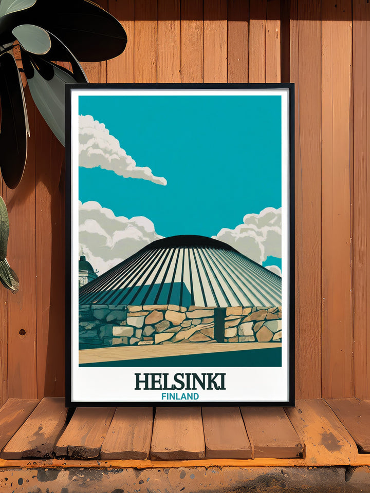 The Temppeliaukio Church travel print beautifully represents one of Helsinkis most iconic landmarks. The poster showcases the churchs unique blend of raw granite and copper, making it a must have for fans of modern architecture and Finnish design.