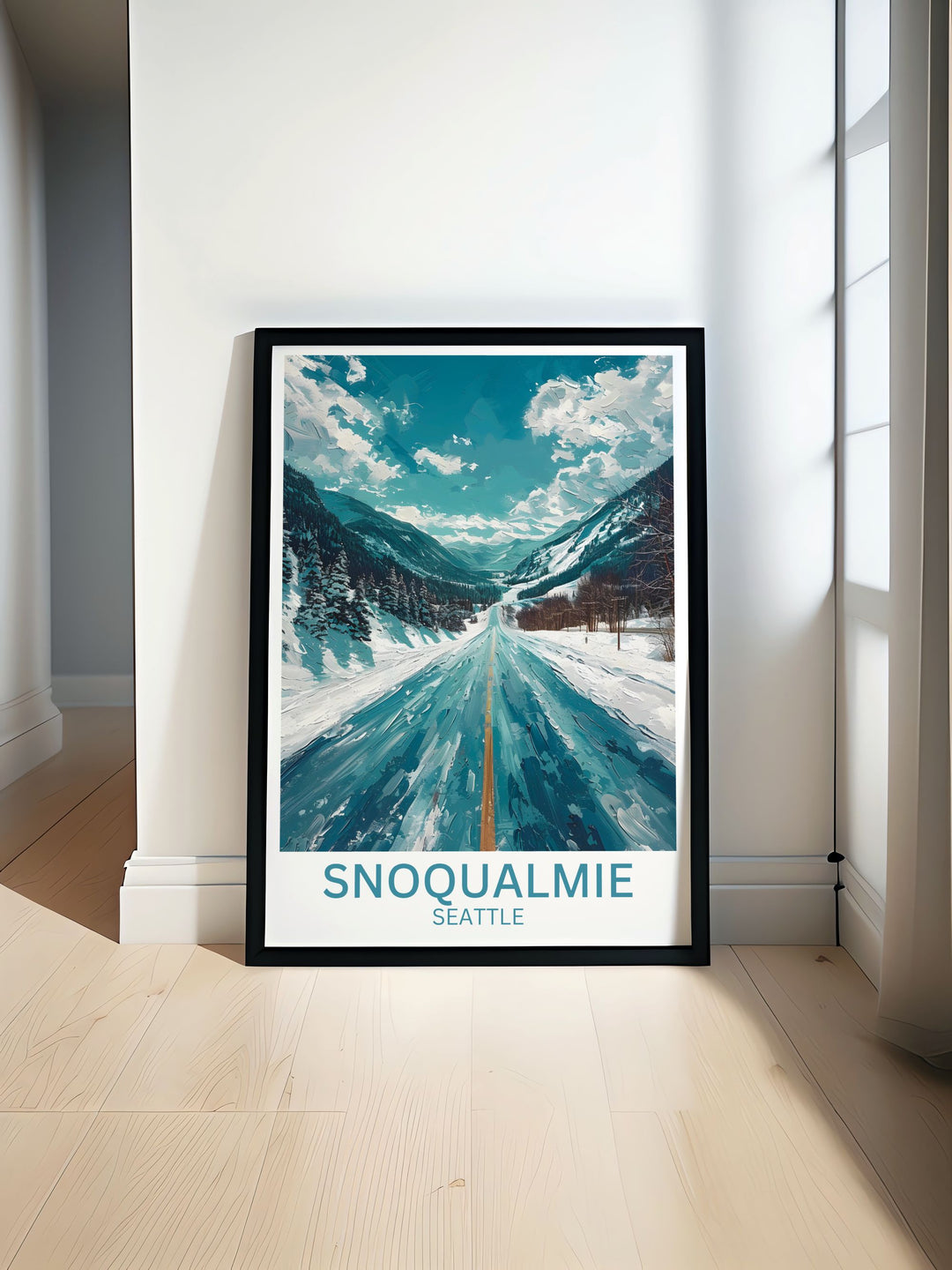 Embrace the winter wonderland of Washington with this travel poster, depicting the resorts breathtaking views and thrilling ski trails.