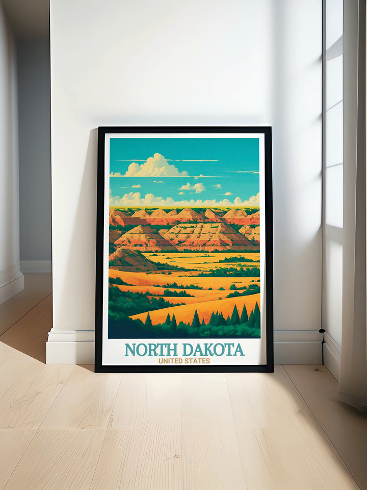 A scenic North Dakota Travel Print highlighting Theodore Roosevelt National Parks unique rock formations. This piece brings the parks natural beauty into focus with vibrant colors and rich detail, ideal for anyone looking to bring a touch of the outdoors into their home.