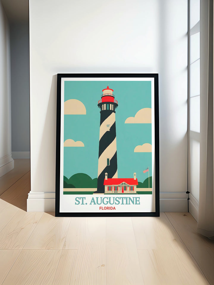 The St. Augustine Lighthouse is the star of this Florida travel print. The vibrant colors and historical significance of the lighthouse and maritime museum make this a must have piece of wall art for anyone passionate about Floridas history and landmarks.