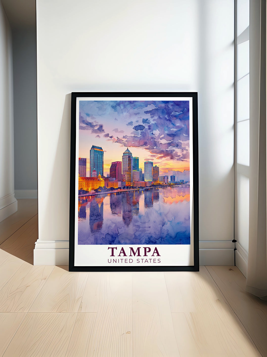 A beautiful Tampa Art Print featuring the citys iconic skyline and serene waters of Tampa Bay. This travel poster is perfect for those who love Floridas western coast. Ideal for home decoration or as a unique gift, this artwork brings a touch of Tampas urban charm to any room.