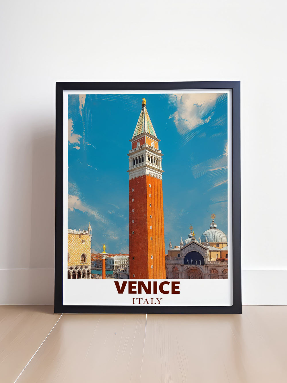 Campanile artwork in a Venice travel print highlighting the citys architectural beauty and stunning landscapes ideal for elegant home decor and art collectors