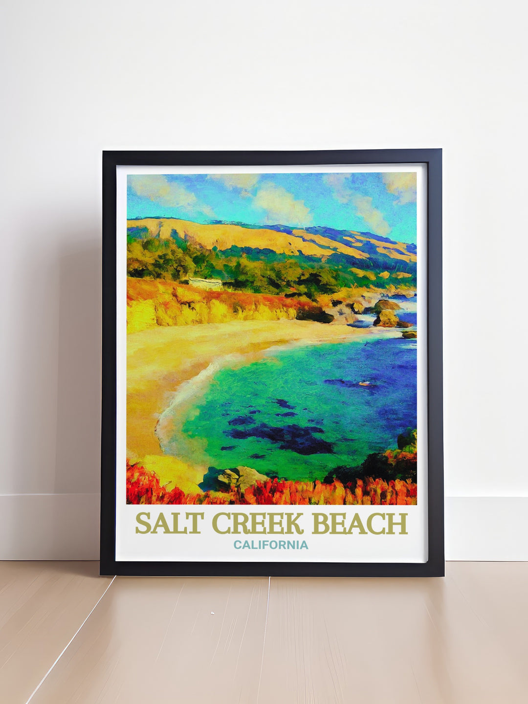 The picturesque landscape of Salt Creek Beach in California is brought to life in this print, featuring the warm glow of sunset over the Pacific Ocean. This artwork is perfect for adding a touch of Californias coastal charm to your home, ideal for beach lovers and nature enthusiasts alike.