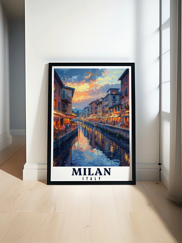 Navigli District Wall Art captures the heart of Milans most picturesque neighborhood, blending historic architecture with modern design. This framed art is perfect for adding a sense of Italian elegance to any room, making it a great gift for lovers of travel and culture.