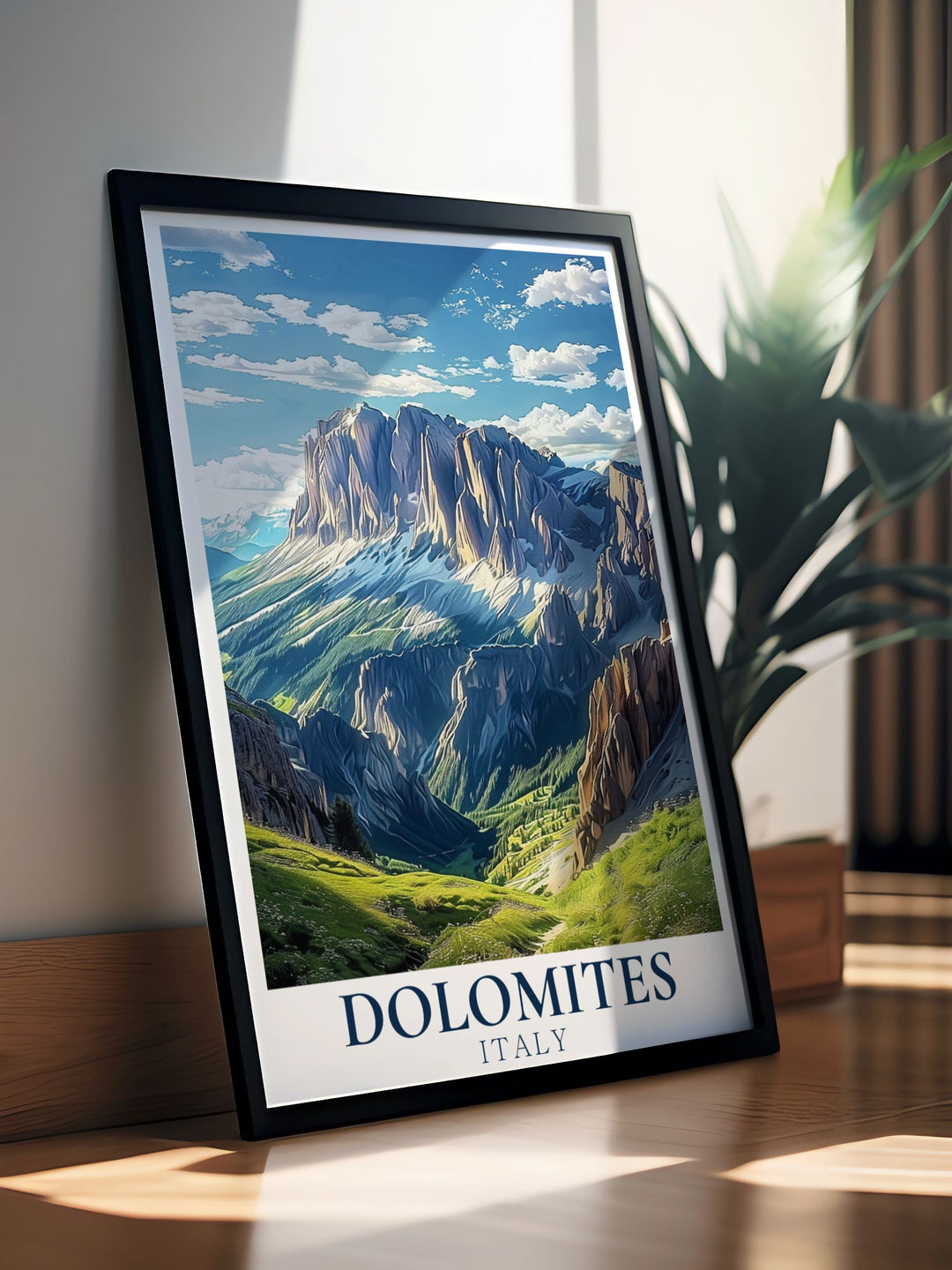 Charming Sella Group Vintage Print capturing the timeless beauty of the Dolomites Italy. Perfect for Italy home decor and travel lovers. Enhance your living space with this beautiful Italy travel print and enjoy the serene views of the Sella Group.