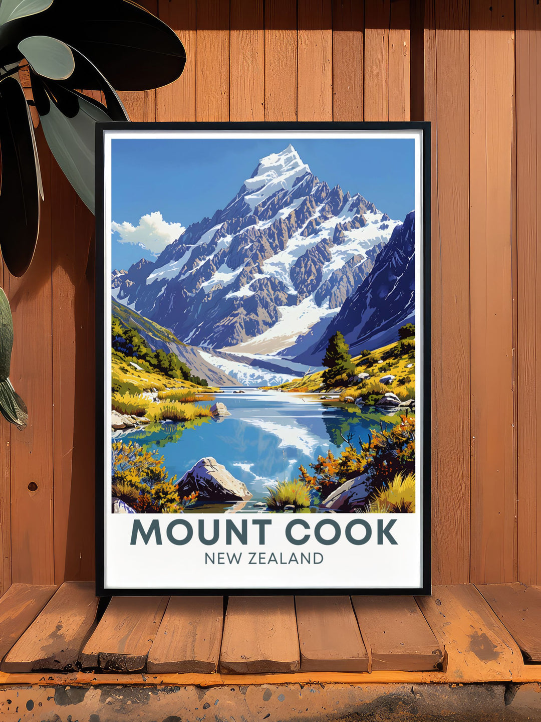 Hooker Valley Track framed print that brings the majesty of New Zealands famous hiking trail into your living space making it a perfect gift for anyone who appreciates the beauty of national parks and vintage travel aesthetics