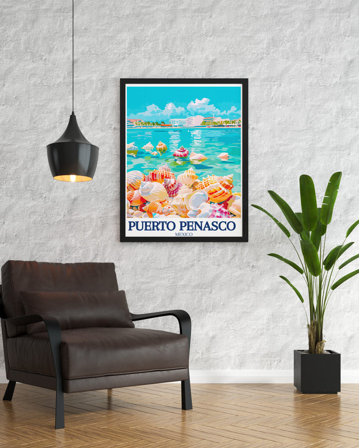 Enjoy the serene coastal views of Puerto Peñasco with this beautifully crafted art print, featuring Cholla Bay and the sandy Sea Shell Beach. Its a perfect addition to any room, bringing the essence of Mexicos beaches to your home.