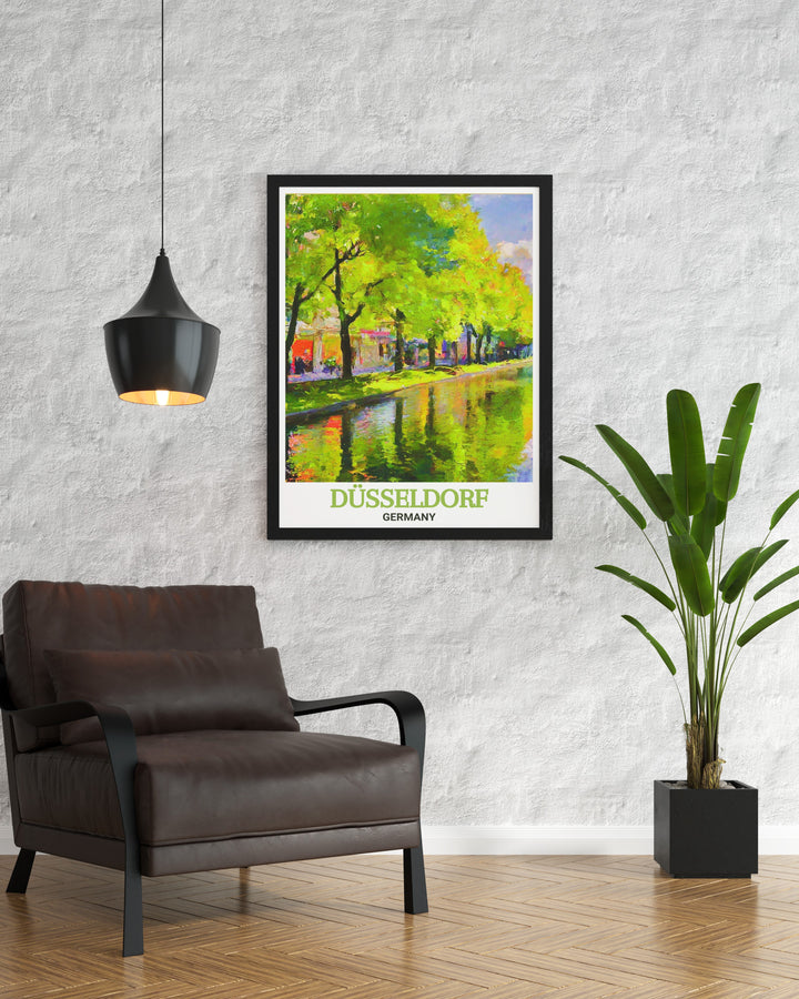 Celebrate the best of Düsseldorf with this travel print featuring Königsallees luxurious atmosphere and historical significance. The detailed city map adds a unique touch to the artwork, making it an excellent decor choice for travelers and art enthusiasts alike.