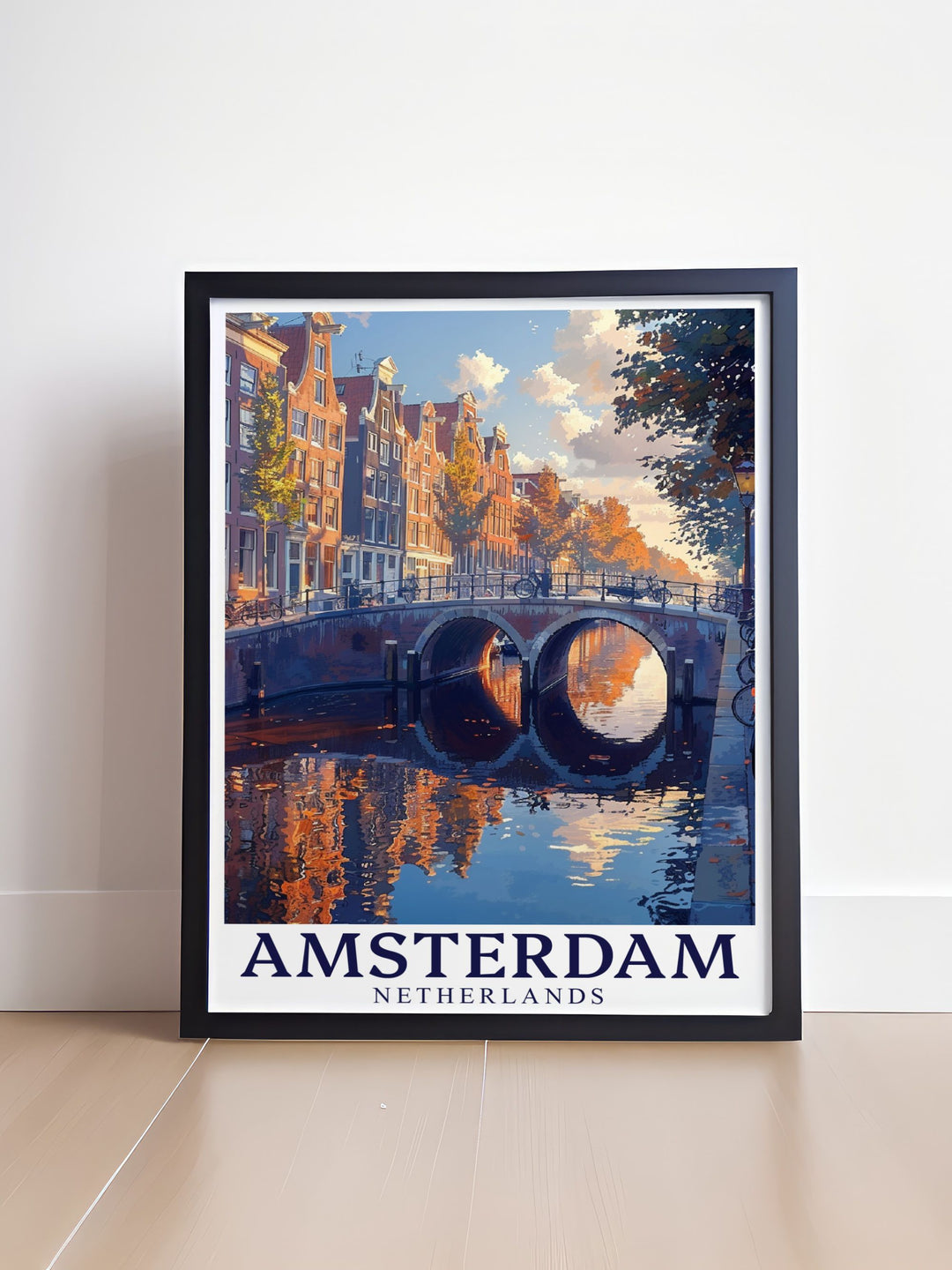 Stunning Canal Arch Grachtengordel travel poster from Amsterdam. This Amsterdam wall art captures the essence of the citys vibrant streets and historical buildings. Perfect for home decor and as a thoughtful gift for friends and family.