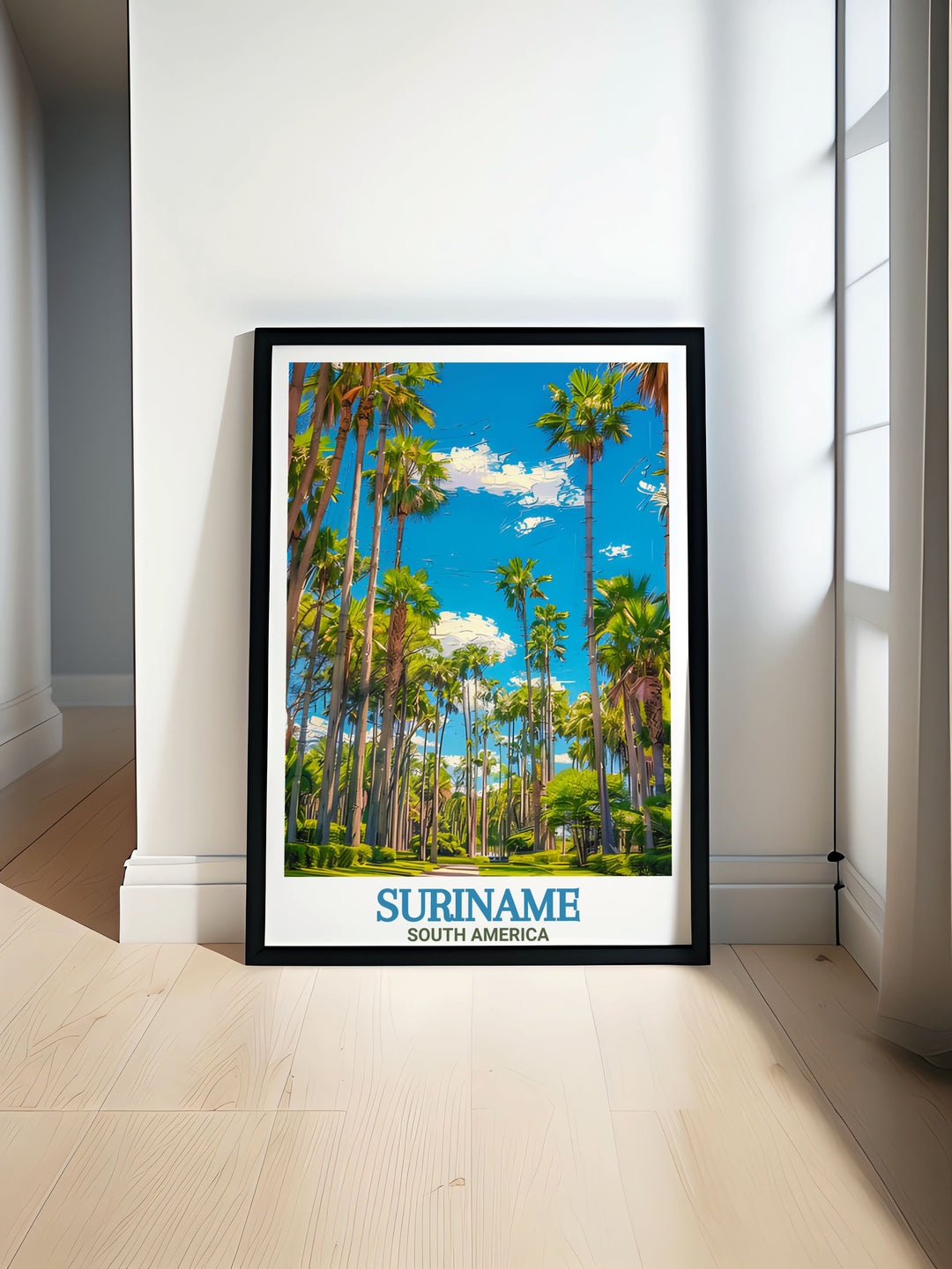 Paramaribo Poster showcasing the vibrant city of Suriname with intricate details and vivid colors. Perfect for travel enthusiasts and art lovers. Features Palmentuin for a touch of natural beauty and elegance.