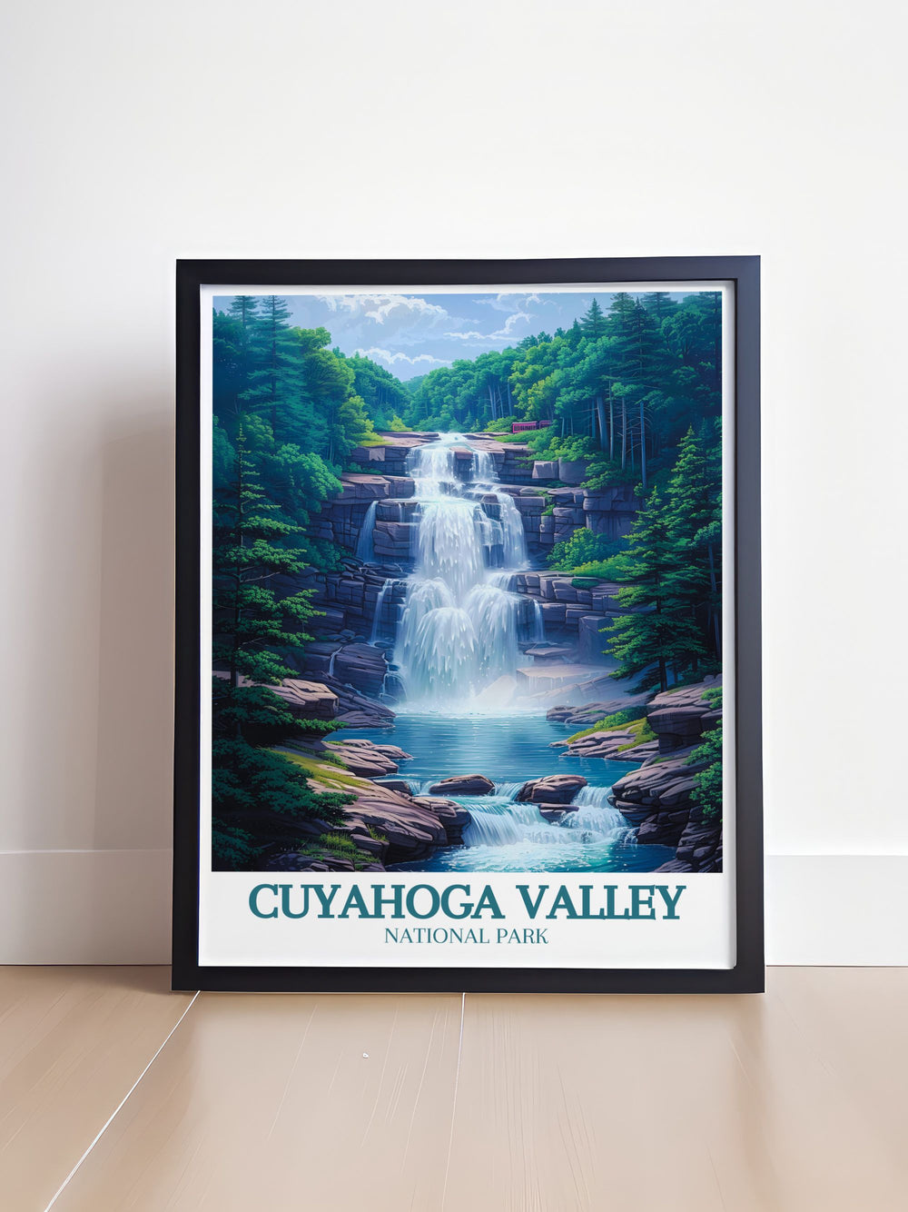 This stunning travel poster of Cuyahoga Valley National Park captures the parks natural beauty and historical significance, perfect for adding a touch of Ohios scenic charm to your living space.