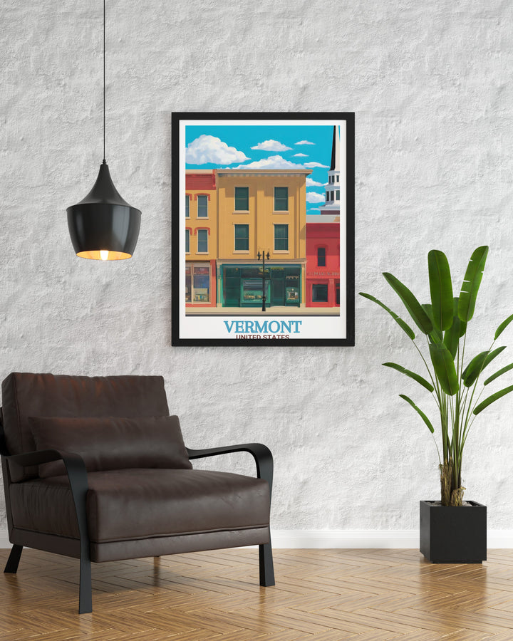 Vintage Ski Poster with Church Street Marketplace and Burke Mountain highlighting Vermont’s iconic ski areas and local culture. This Vermont print adds a nostalgic touch to any living room or office space and is perfect for winter sports enthusiasts.