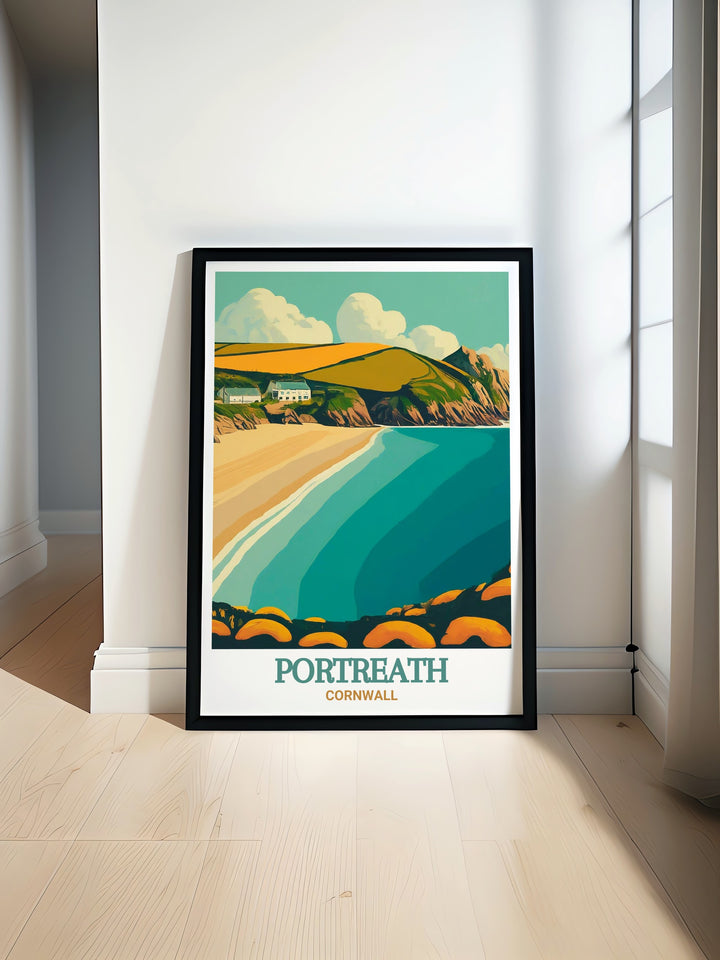 This print showcases the tranquil beauty of Portreath Beach, with its soft sands and picturesque surroundings. The detailed artwork brings the charm of Cornwalls coastline into your home, making it a perfect addition to any room. Whether for a living space or a beach themed decor, this piece adds a calming influence to your interior.