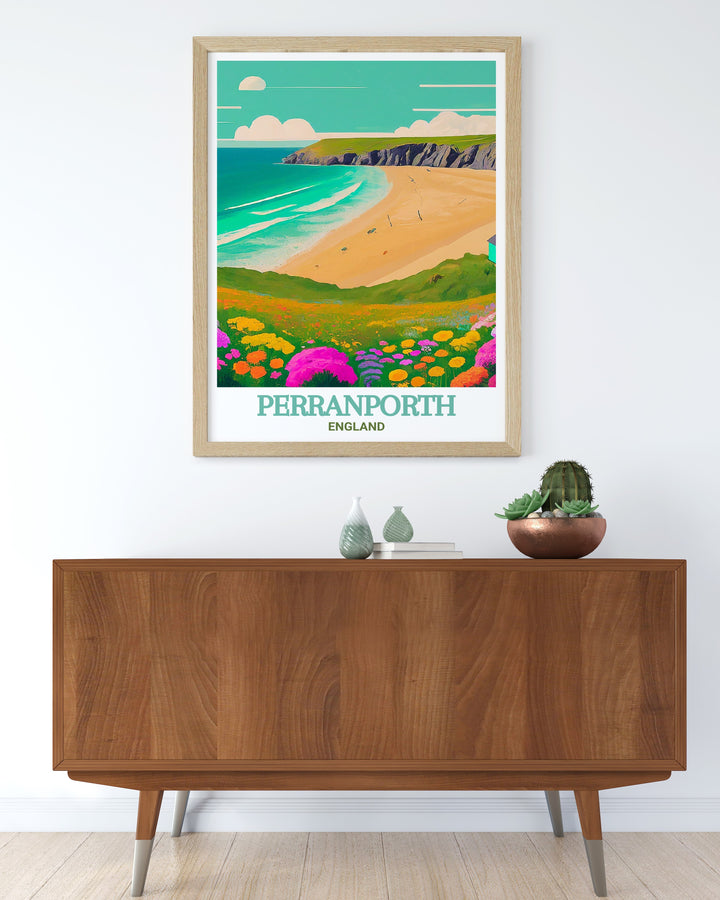 Captivating canvas print of Perranporth Beach, highlighting the lush coastal beauty of England. Perfect for adding a touch of elegance to your space. This print brings the peaceful beauty of Englands coastline into your home.