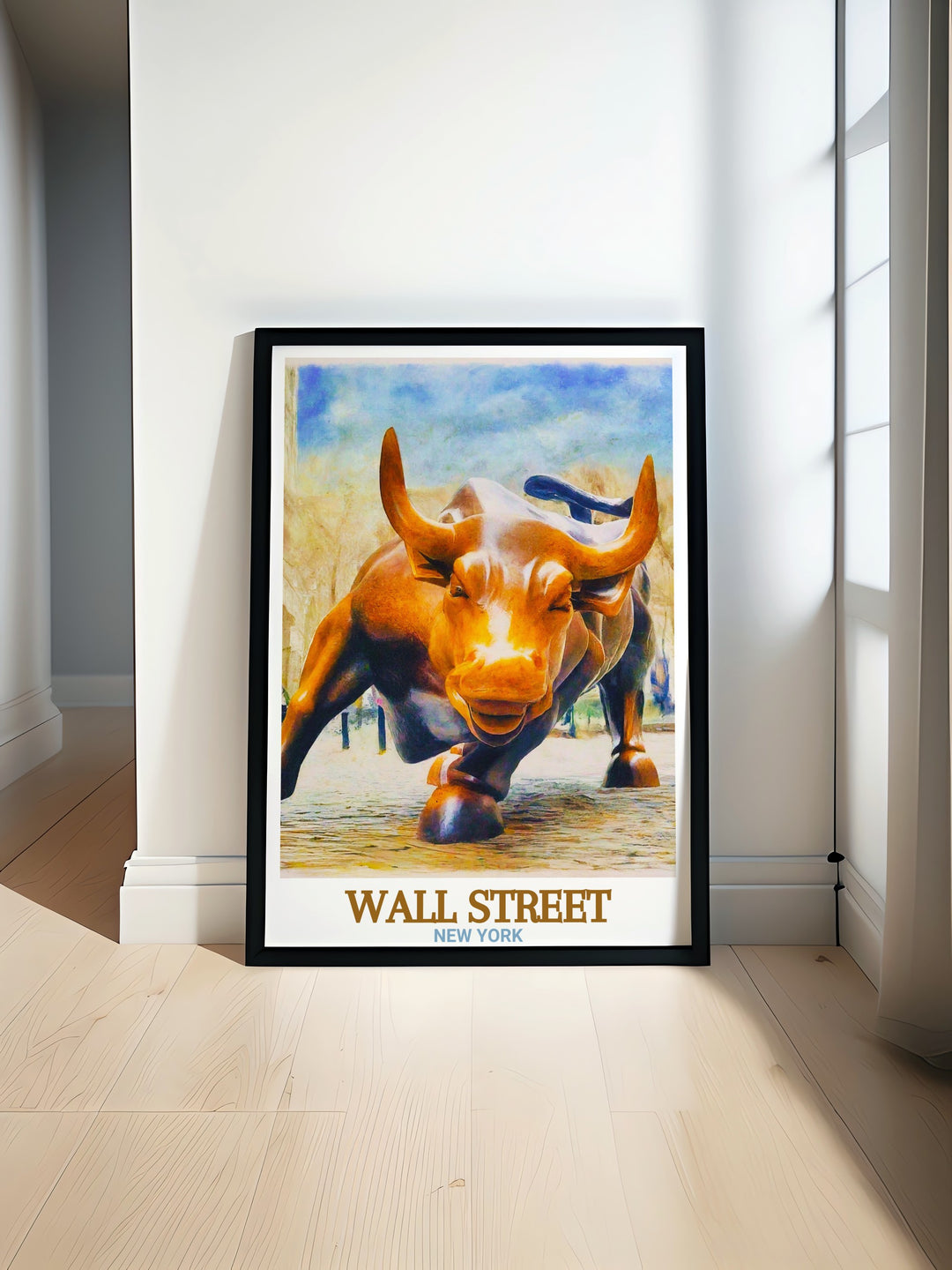 Wall Street Print beautifully illustrates the heart of New Yorks financial district, including the iconic Charging Bull. Its an inspiring addition to your decor, perfect for anyone working in finance or who loves the citys electric energy.