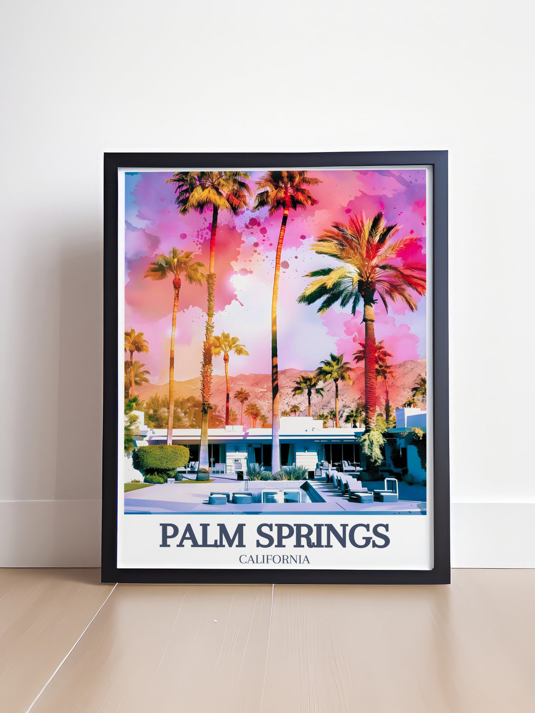 Palm Springs Poster Print with Grenfall Road and Limon Palm Springs Hotel, a striking California travel print that captures the essence of Palm Springs, perfect for wall decor and gifting.