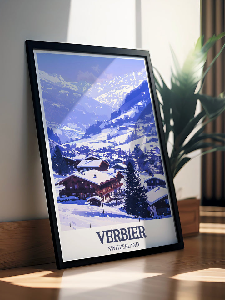 Add a touch of alpine magic to your space with this Verbier travel print, featuring the stunning Verbier mountains and Verbier Village. The detailed artwork and vivid colors make it a perfect choice for anyone who loves skiing or the outdoors.