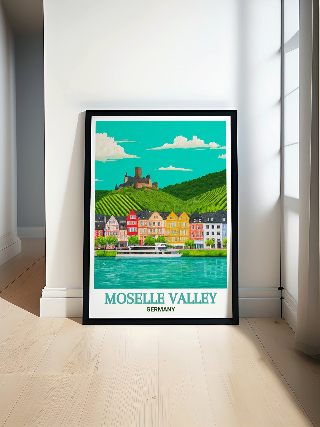 Moselle Valley art poster showcasing the beautiful town of Bernkastel Kues perfect for Germany wall art and home decor. Capture the charm of Germany with this stunning print ideal for travel gifts and elegant living room decor.