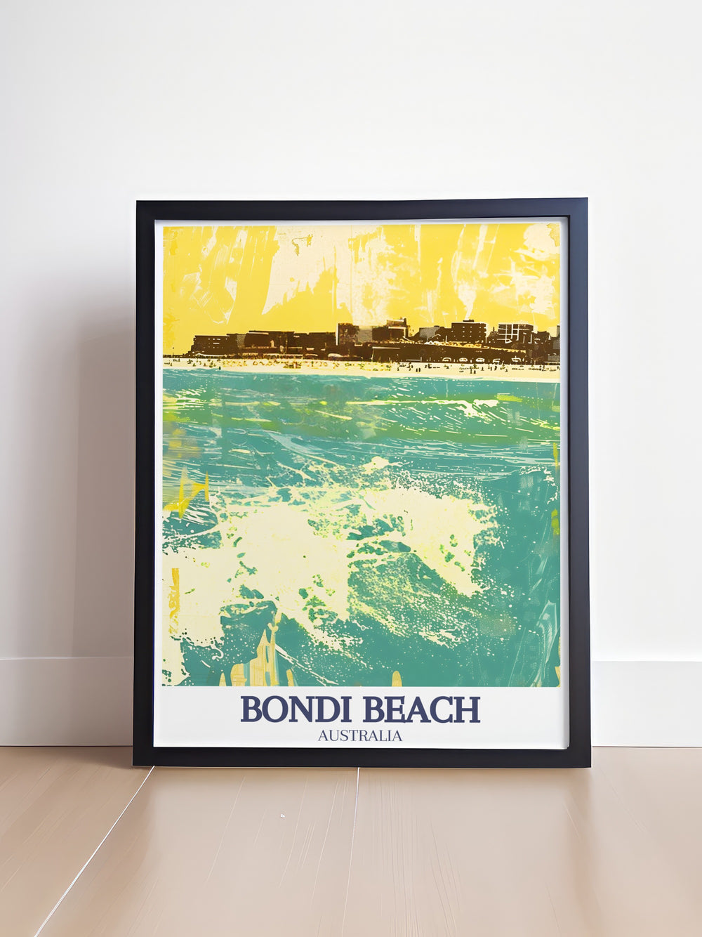 Retro travel poster of Sydney Harbour with detailed illustrations of the Sydney Opera House and Harbour Bridge. Bondi, South Bondi Beach wall art brings coastal charm and energy to your living space, ideal for travel enthusiasts and art lovers.