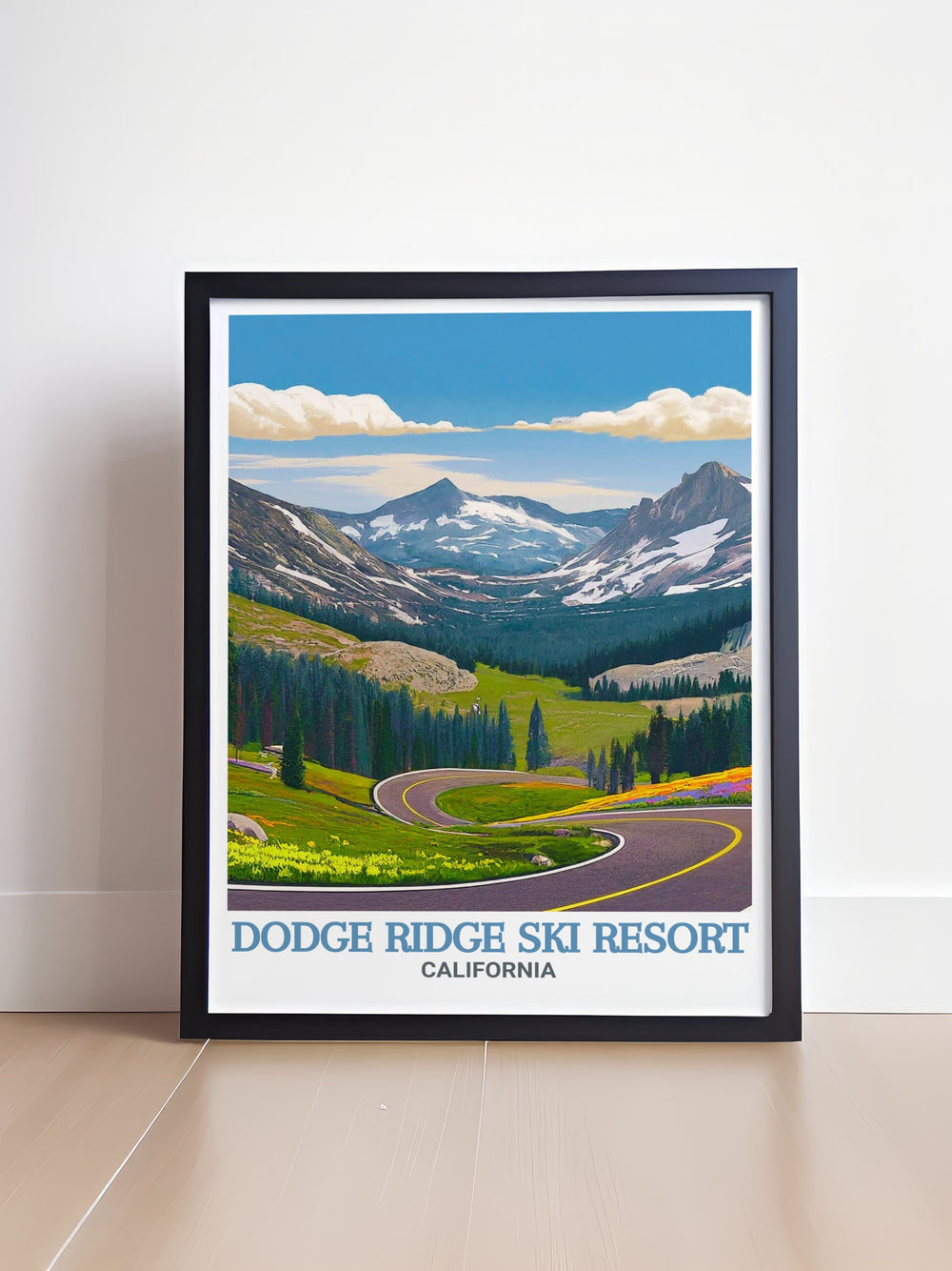 Bucket list print of Dodge Ridge Ski Resort and Sonora Pass showcasing the breathtaking views and diverse terrain of this top winter sports destination. This artwork is perfect for ski enthusiasts and travelers looking to add a piece of Dodge Ridge to their collection.