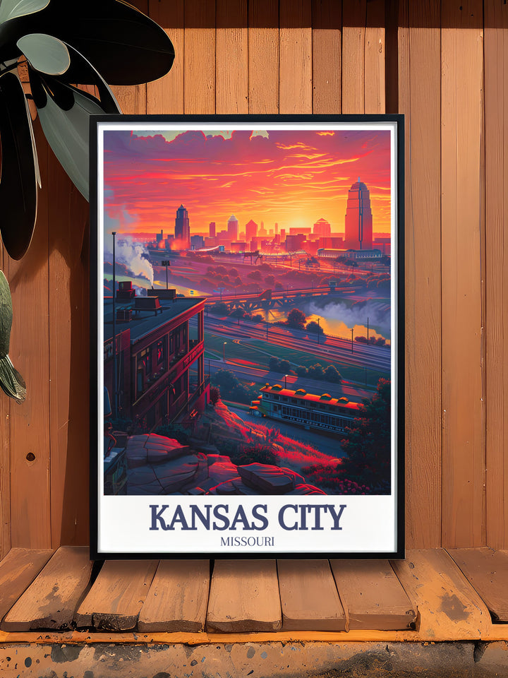 Kansas City skyline wall art featuring the historic Power and Light Building. The bold lines and intricate details of downtown Kansas City are captured in this travel poster, making it the perfect addition to any room seeking a touch of Missouris urban beauty.