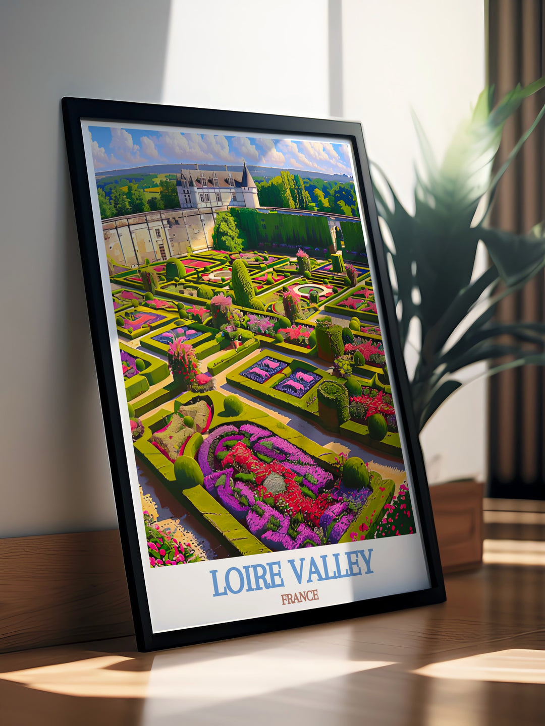 Capture the grandeur of the Loire Valley in this beautiful travel print featuring Chateau de Villandry. The perfect wall art for adding a touch of sophistication and French charm to your living room or office space with elegant decor.