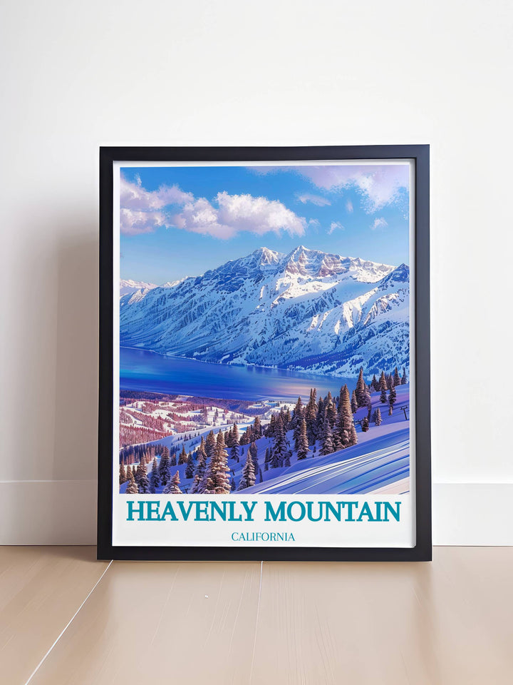 Stunning view of Heavenly Ski Resort with its snow draped peaks and skiers enjoying the slopes. The artwork captures the essence of winter sports and the majestic beauty of alpine landscapes. Ideal for enhancing home or office decor with a touch of adventure and the allure of snow covered mountains.