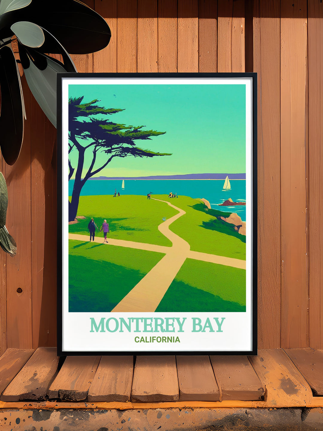 California travel poster featuring the picturesque Lovers Point Park in Monterey Bay. Ideal for adding a touch of Californias charm to your decor. This print captures the essence of the scenic coastal park.