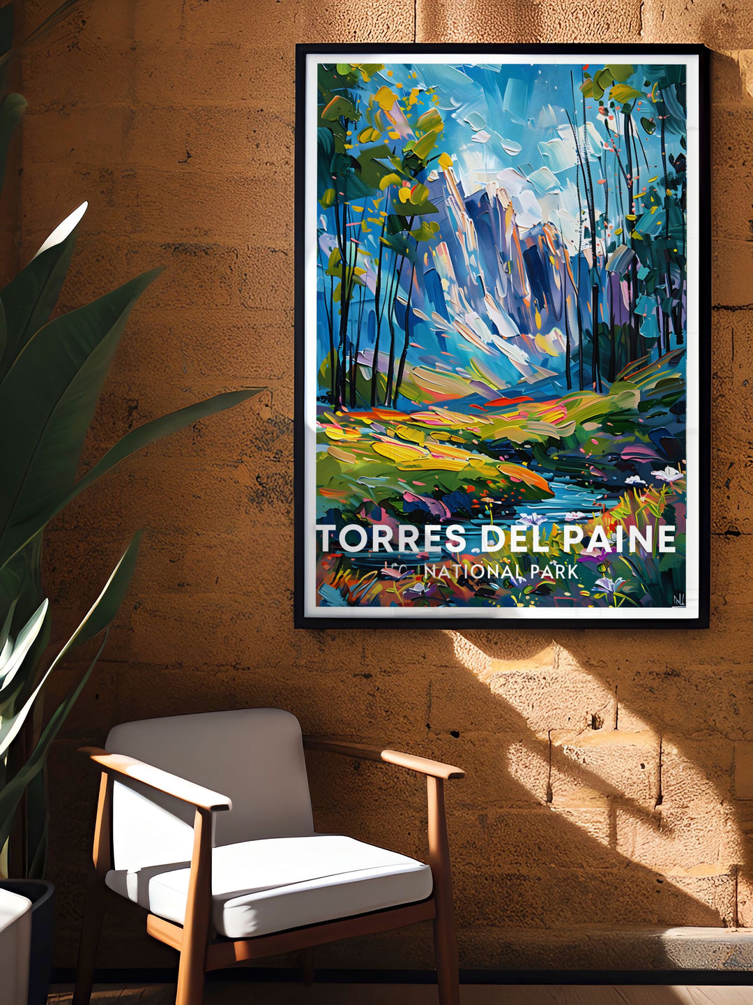 Guanaco artwork with the stunning backdrop of Glaciar Gray in Torres Del Paine National Park Patagonia Chile. This retro travel poster is perfect for wildlife lovers and those who want to capture the essence of South American landscapes.