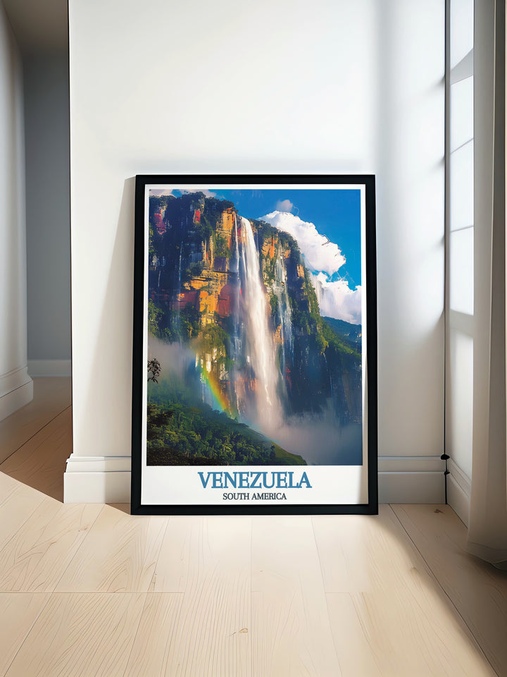 Angel Falls poster featuring the worlds tallest uninterrupted waterfall makes a stunning addition to any home decor and captures the beauty of Venezuela with its vibrant colors perfect for nature lovers and travelers seeking inspiring art