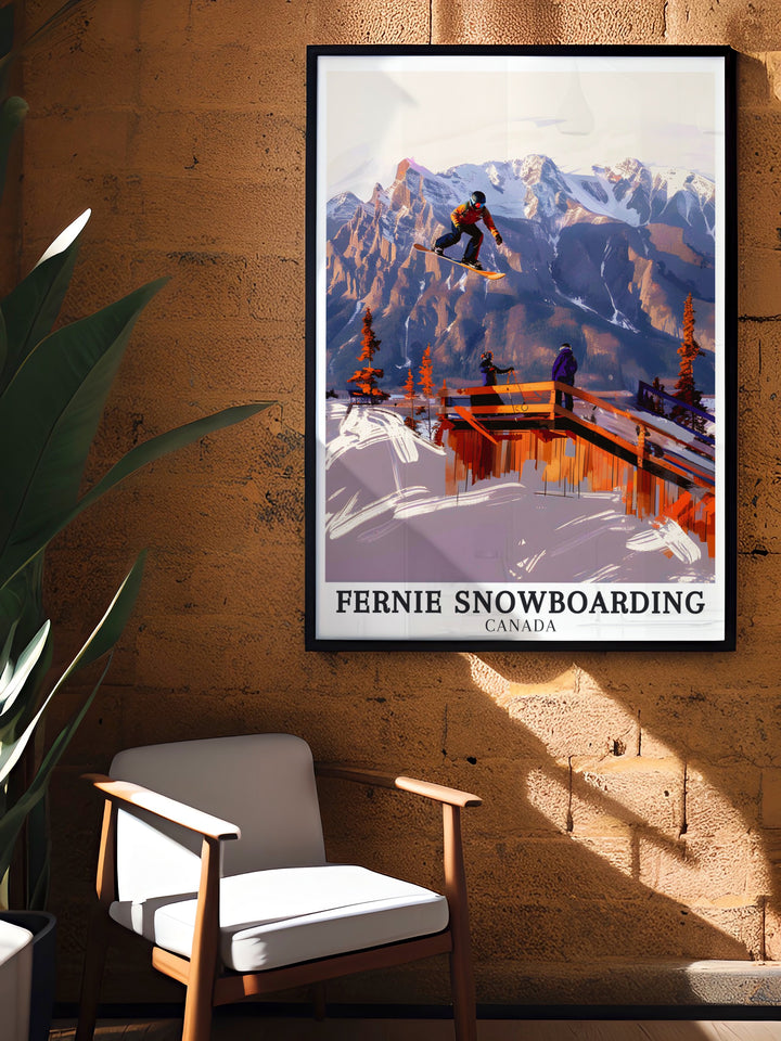 Canadian wall art featuring the picturesque Fernie Peaks, a symbol of British Columbias natural beauty. This travel poster is ideal for those who appreciate the majestic landscapes of the Rocky Mountains.