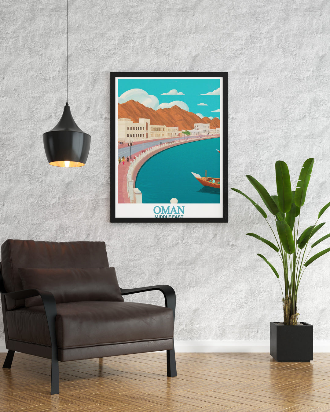 Experience the beauty of Muscat with this travel poster of the Mutrah Corniche. The serene waterfront and vibrant buildings are brought to life in this detailed artwork, offering a piece of Omans charm for your home or office.