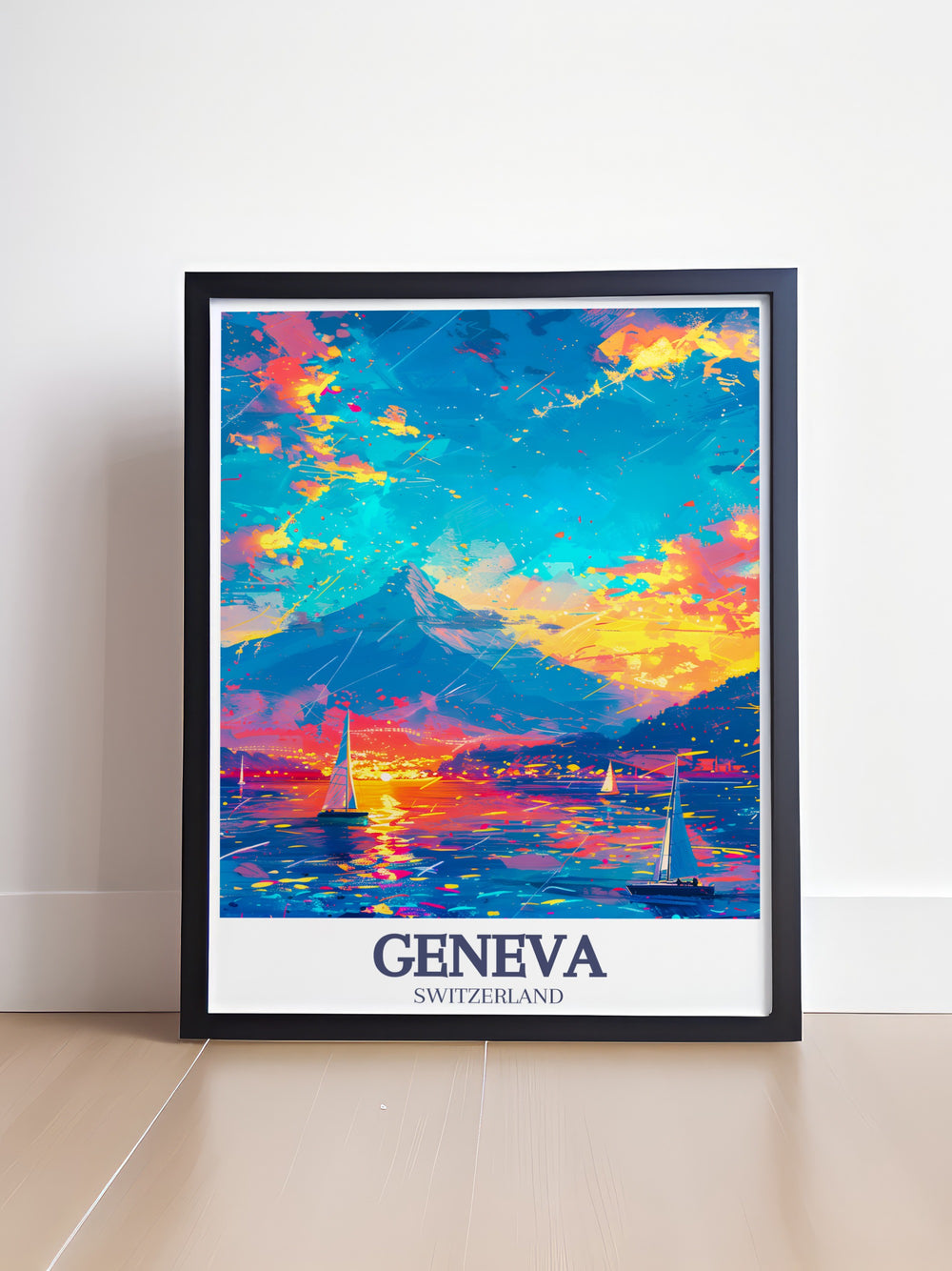 Capture the beauty of Switzerland with this Geneva travel poster, featuring Lake Geneva and Mont Blanc. Perfect for art lovers and adventurers, this poster adds a touch of elegance to any room while celebrating the natural splendor of the Swiss Alps.