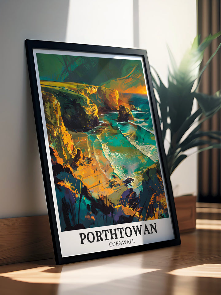 Beautiful Cornwall travel print highlighting the serene Porthtowan Beach and the dramatic cliffs overlooking the North Sea. The artwork captures the rugged beauty of Cornwalls coastline, making it a timeless addition to any art collection