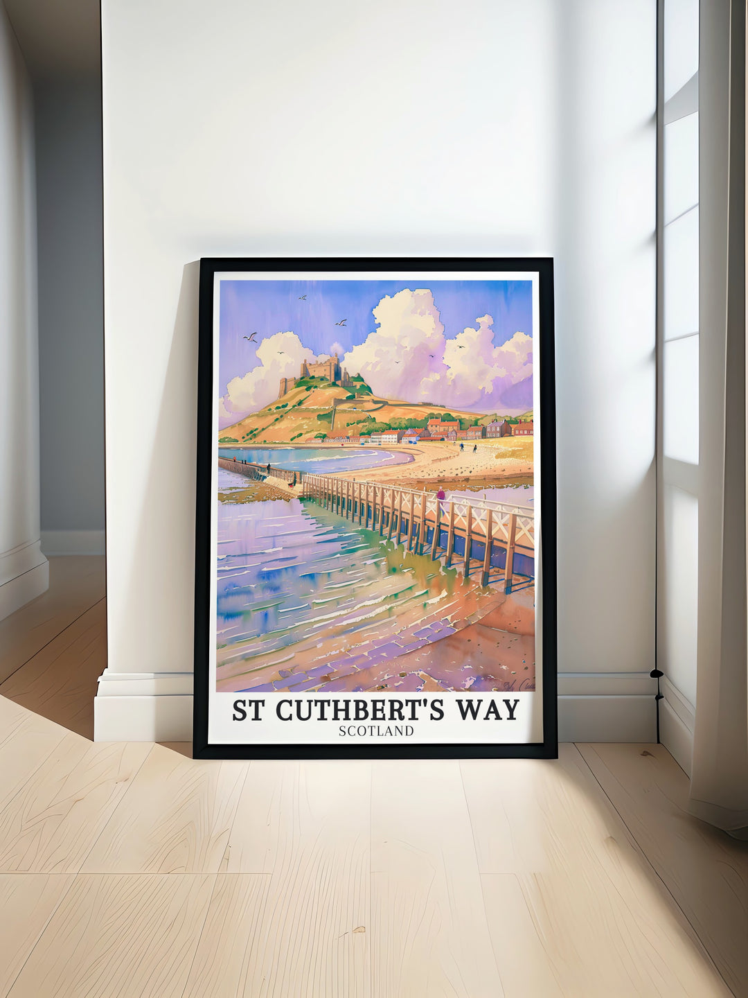 St Cuthberts Way poster print showcasing Lindisfarne Priory Holy Island and Lindisfarne Castle with stunning views of Northumberland National Park a perfect addition to any home for fans of vintage hiking prints and Scottish travel art