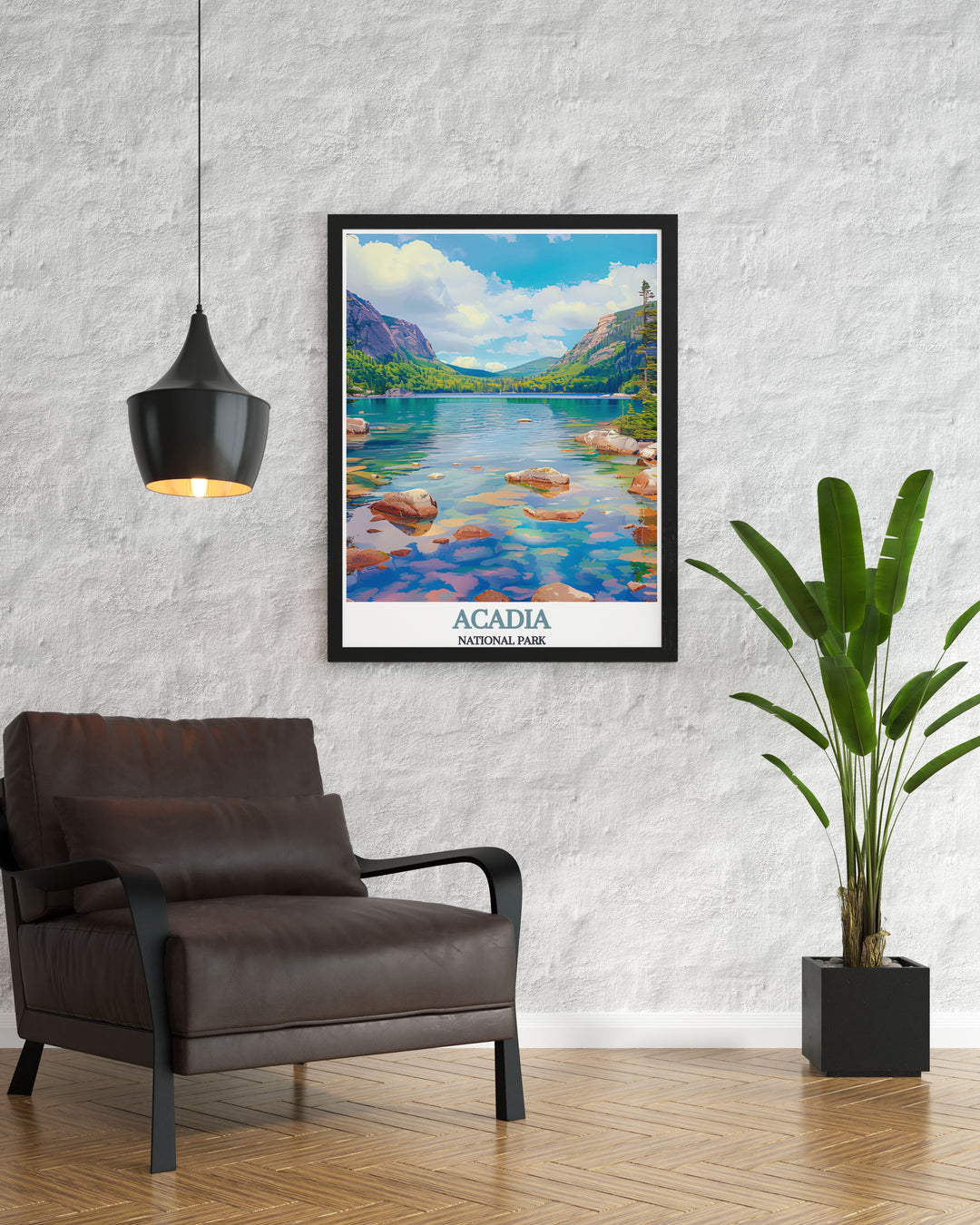 Beautifully detailed Jordan Pond artwork from Acadia National Park ideal for adding a unique and elegant touch to your home or office decor perfect gift for nature lovers and fans of vintage travel posters.