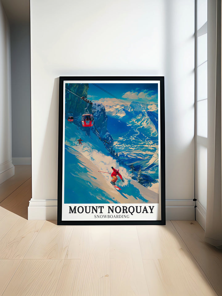 Mount Norquay Snowboarding Travel Print depicts the thrill of snowboarding down Mount Norquays slopes, framed by the awe inspiring Canadian Rockies. A perfect choice for winter sports fans and lovers of the great outdoors.