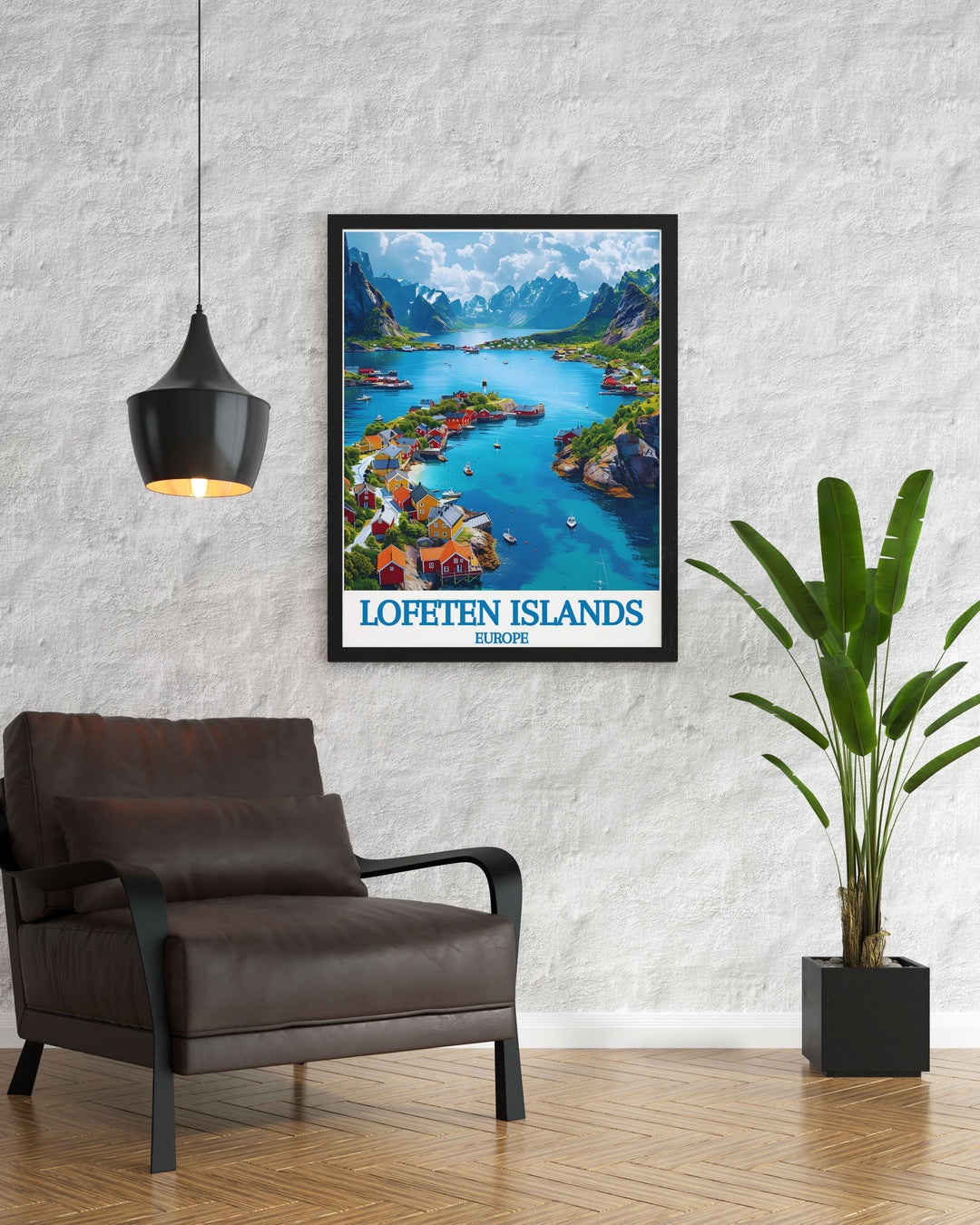 Modern wall decor showcasing the picturesque landscapes of the Lofoten Islands, Norway. The print highlights the serene fishing village of Henningsvær, the dramatic mountains, and the clear fjord, offering a contemporary touch of Nordic beauty for any living space. The detailed illustration and vivid colors make this modern wall decor a perfect addition to any home.
