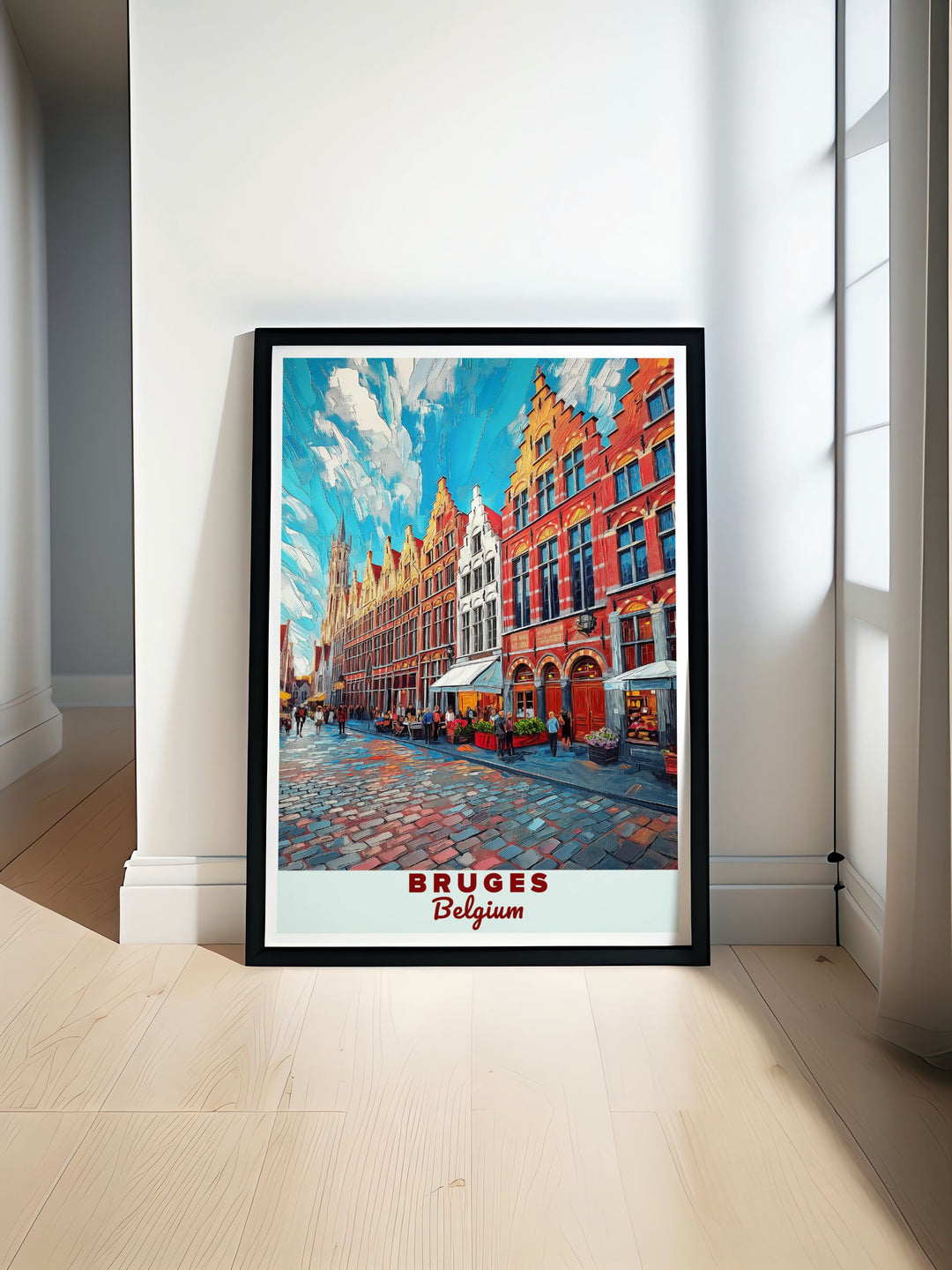 Beautiful Belgium travel art featuring the iconic Grote Markt in Bruges. This stunning artwork captures the vibrant atmosphere and historic architecture of the square, making it a perfect addition to any home decor or as a unique travel gift.