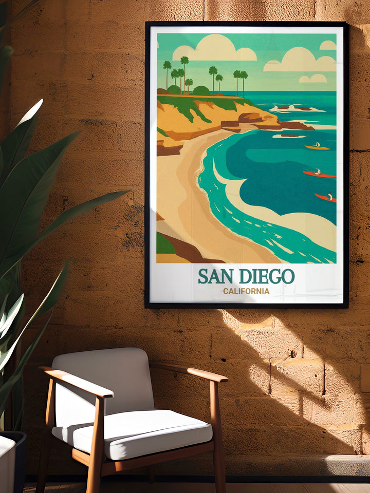 Detailed travel print of La Jolla Cove in San Diego, highlighting the unique geological formations and stunning ocean views. Perfect for adding a touch of Californias coastal charm to your decor.