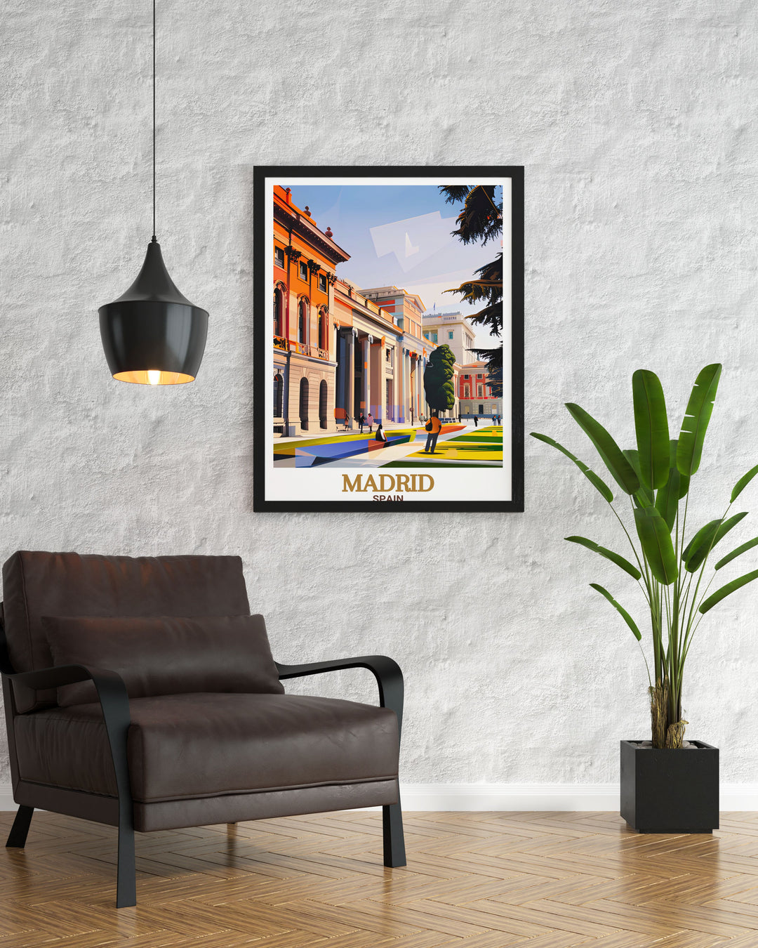 Showcase your love for Spanish culture with this stunning Prado Museum print. Its minimalistic design complements any living room decor making it a perfect addition for those looking for elegant Spanish wall art inspired by Madrid.