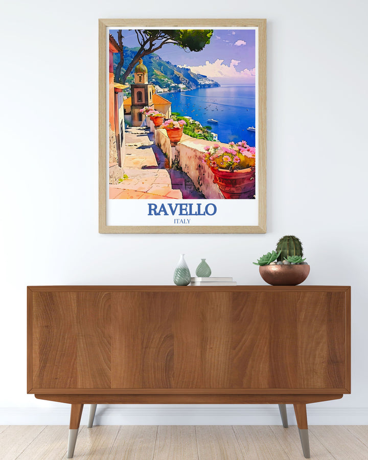 Italian living art with Villa Rufolo Amalfi coast showcasing its beautiful gardens and historic charm. This photography print is perfect for coastal wall art and Italy home decor bringing a piece of the Italian Riviera into your living space