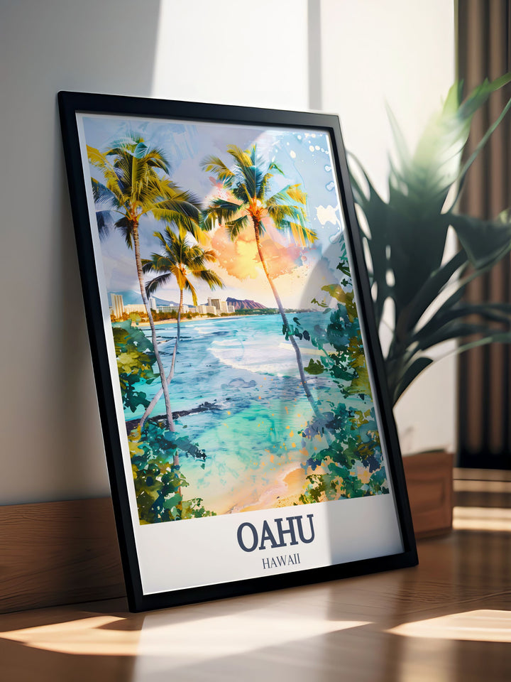 Capture the beauty of Oahu with this stunning poster print featuring Diamond Head and Waikiki Beach. This high quality travel art brings the iconic landscapes of Hawaii into your home, perfect for any Hawaii lover or traveler.