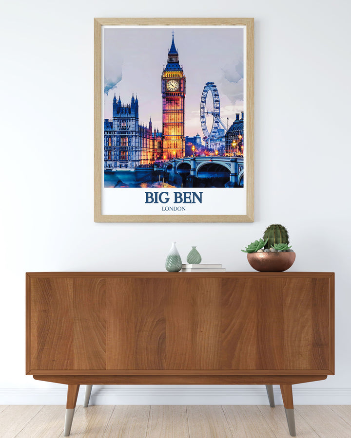 Beautiful Big Ben travel poster capturing the majestic Houses of Parliament and the stunning views from the London Eye, perfect for enhancing your home or office with Londons iconic landmarks.