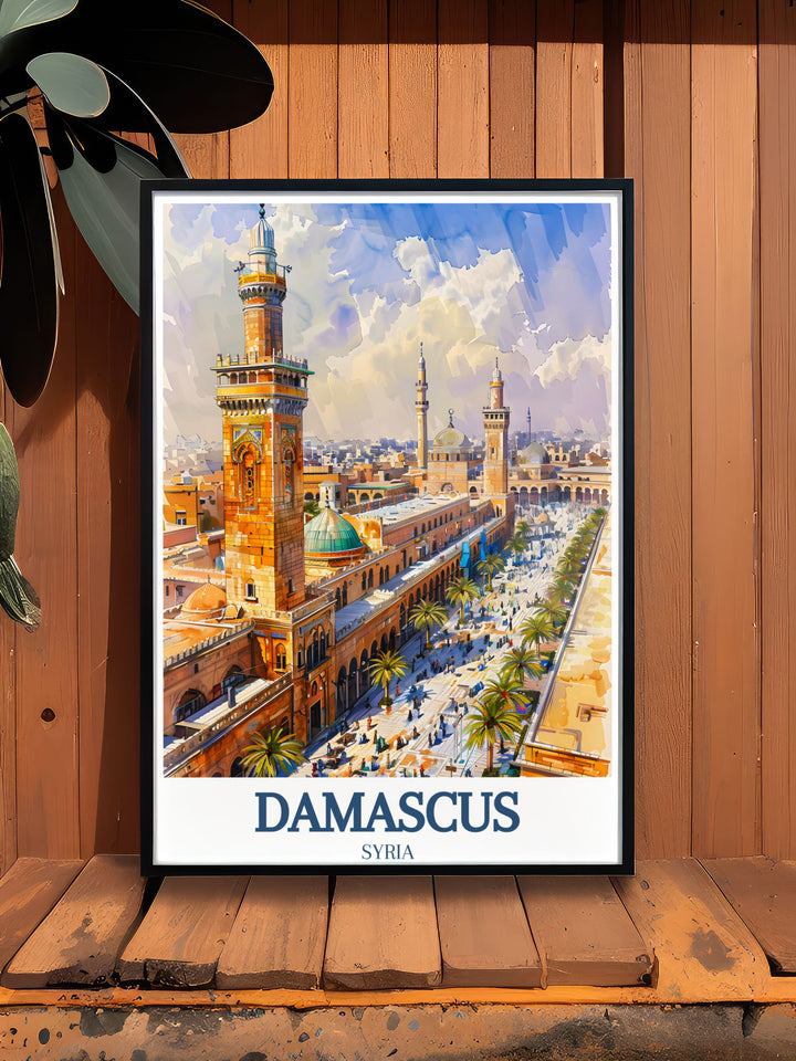 Featuring the historic landmarks of the Umayyad Mosque and Straight Street, this travel poster brings the charm and history of Damascus into your home. Ideal for art lovers and history enthusiasts, this artwork celebrates the beauty of Syria.