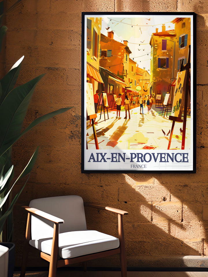 Captivating fine line print of Cours Mirabeau Mazarin quarter in Aix En Provence highlighting the elegance of the tree lined avenue and historical buildings an exquisite piece for wall art